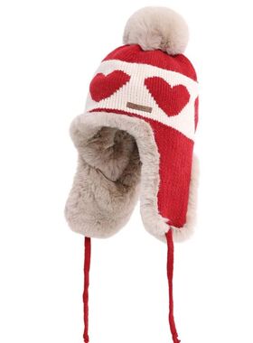 Cozy Thickened Knitted Woolen Cap Love Print Winter Hat Pomp