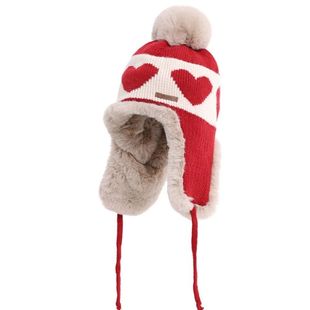 Cozy Thickened Knitted Woolen Cap Love Print Winter Hat Pomp