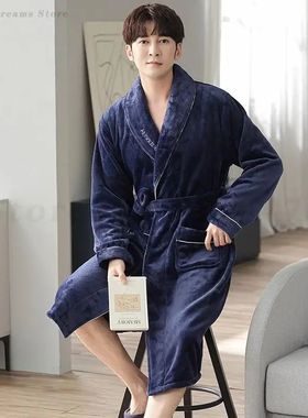 Men's Flannel Sleepwear Robe Winter Thick Coral Fleece Bathr