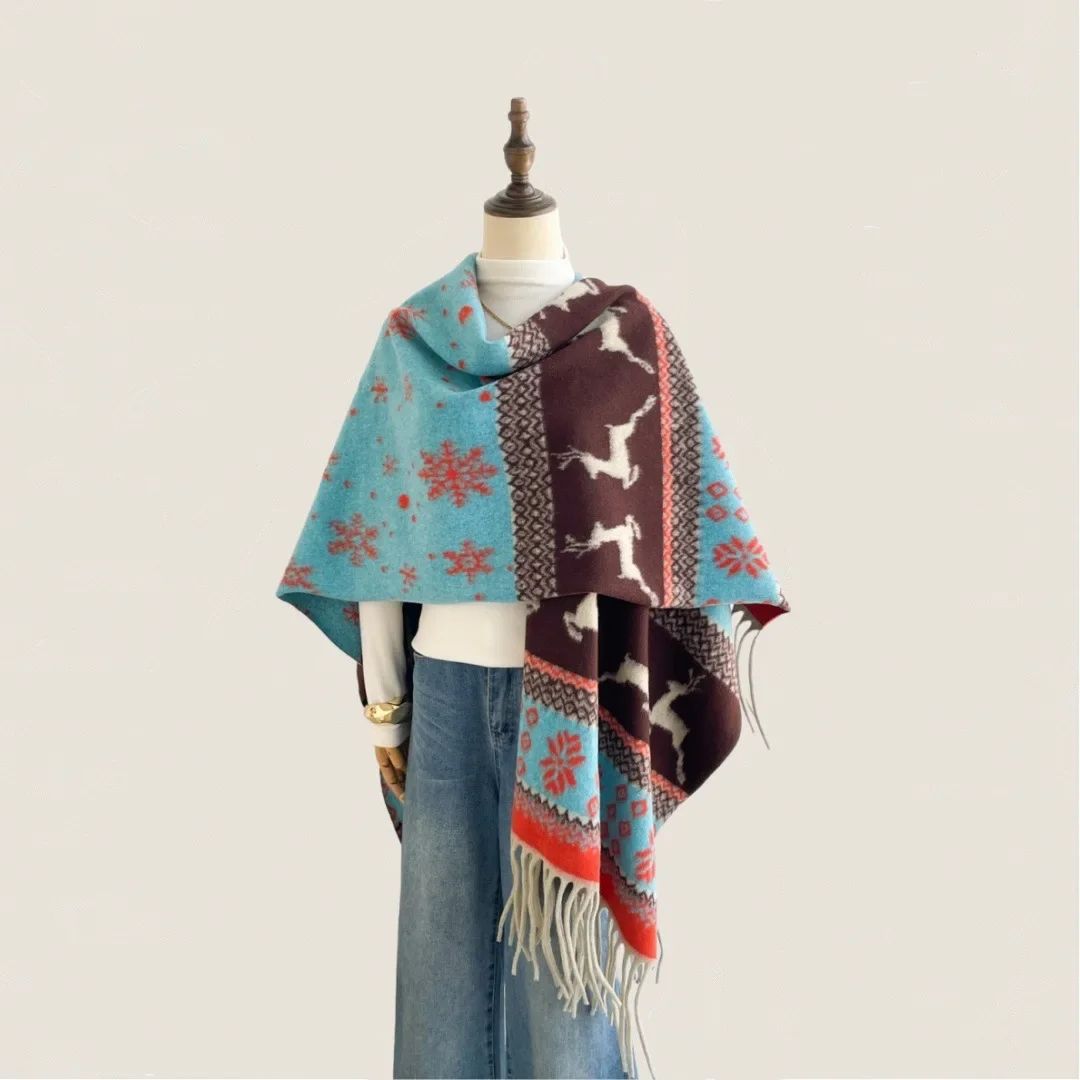 Christmas Deer Print Double Sided Thick Shawl for Women, War