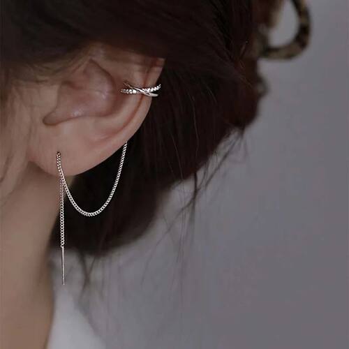 1Pc Cross Ear Cuff Earrings Tassel Rhinestones Piercing Stud