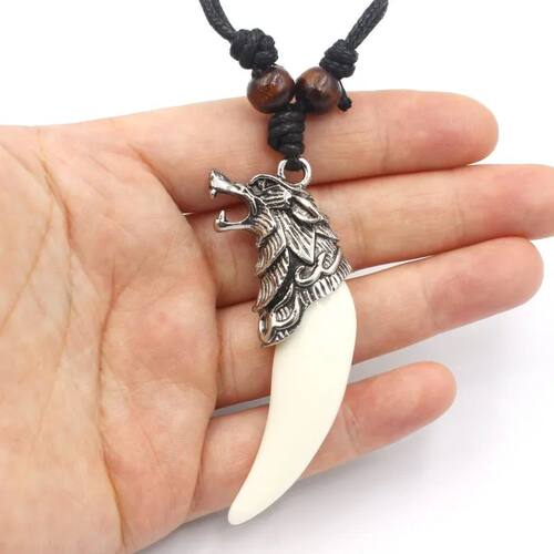 Vintage Silver Plated Wolf Tooth Pendant Necklace Acrylic Wh
