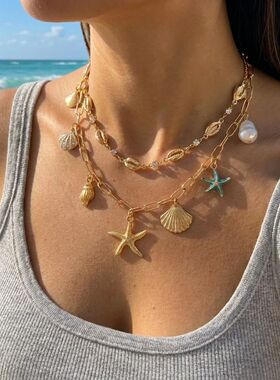 Bohemian Multilayer Metal Starfish Shell Pendant Necklace Fo