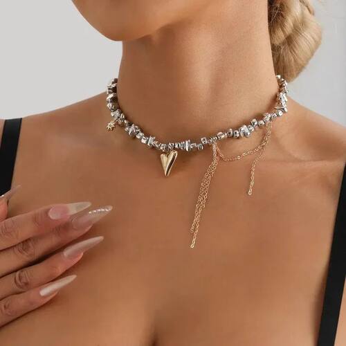 Fashion Metal Heart Tassel Pendant Necklace, Irregular Beade