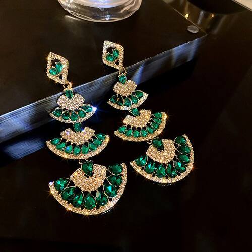 Vintage Green Crystal Drop Earrings for Women Oversize Long