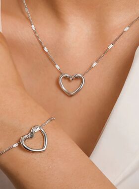 Stainless Steel Heart Necklace Bracelet Set, Hollow-Out Pend