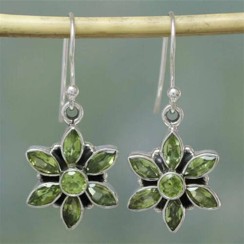 Vintage Silver Color Geometry Green Stone Earrings Ethnic Or