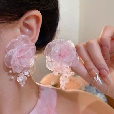 Sweet Pink Lace Flowers Drop Earrings for Women Girls Romant