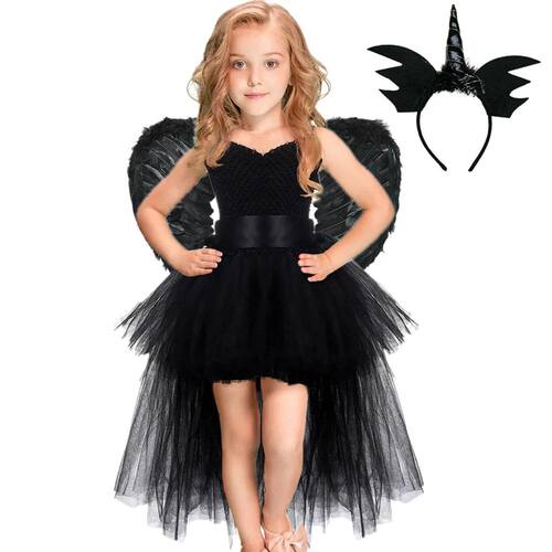 Girls Black Devil Unicorn Tutu Dress V-Neck Train Fallen Dar