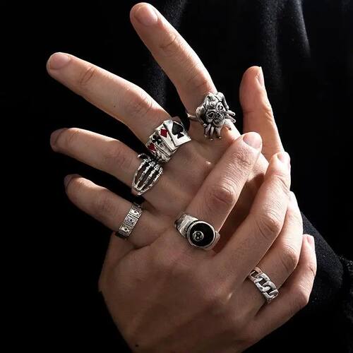 6Pcs Punk Poker Joker Silver Color Rings Set for Men Goth Sk