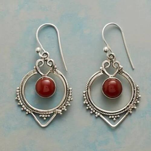Ethnic Silver Color Round Red Stone Earrings Vintage Metal G