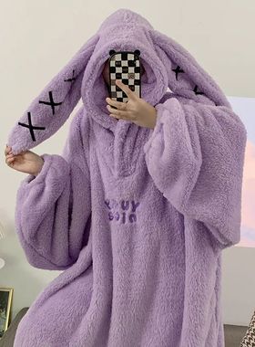 Flannel Hooded Home Clothes Loose Sleepwear Winter Women's T