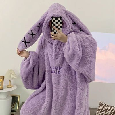 Flannel Hooded Home Clothes Loose Sleepwear Winter Women's T