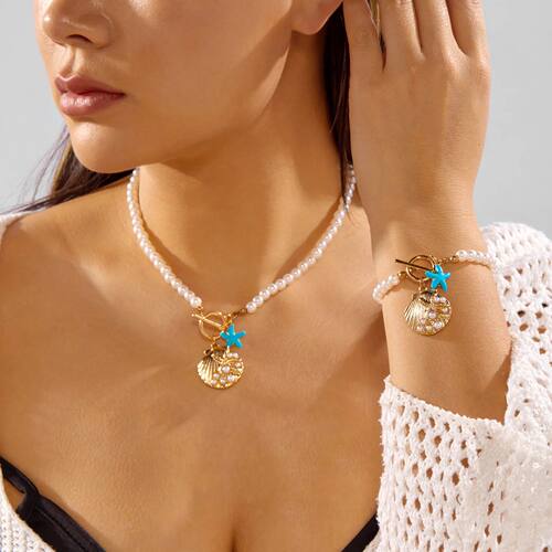 Boho Blue Starfish Shell Pendant Necklace Bracelet Set for W