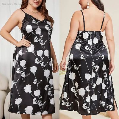 Large Size 4XL Suspender Nightgown Sexy Lace Slit Home Dress