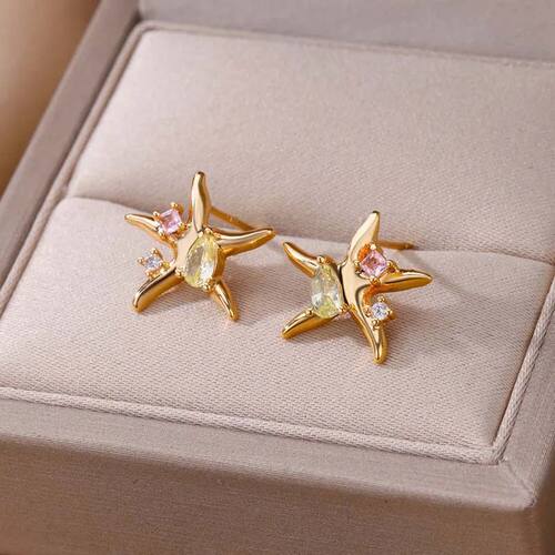Zircon Star Starfish Stud Earrings For Women Stainless Steel