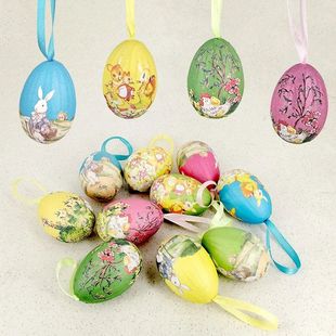12pcs Easter Eggs With Ropes Cartoon Oil Painting Striped Do