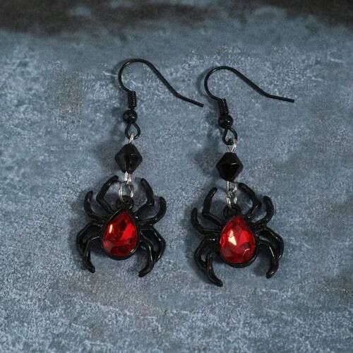 Black Spider Drop Earrings with Red Crystal, Gothic Hallowee