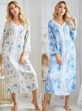Female Printed Nightgown Spring Autumn  Sleepwear Robe Sexy