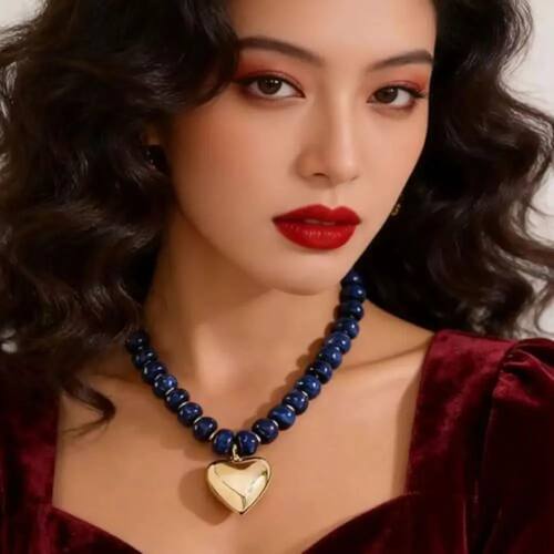 Gold Puffy Heart Pendant Chunky Beads Necklace Resin Beaded