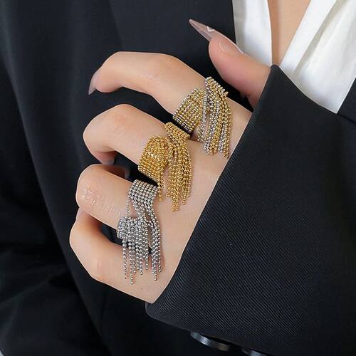 Stainless Steel Round Beads Tassel Rings for Men Women Open