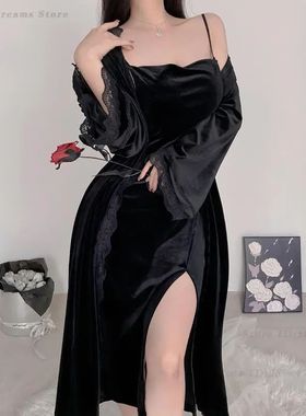 Sexy Velvet Twinset Robe Set Split Nightgown Autumn Velour S