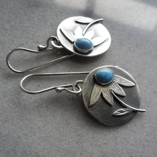 Vintage Oval Blue Stone Bohemian Earrings Silver Color Metal