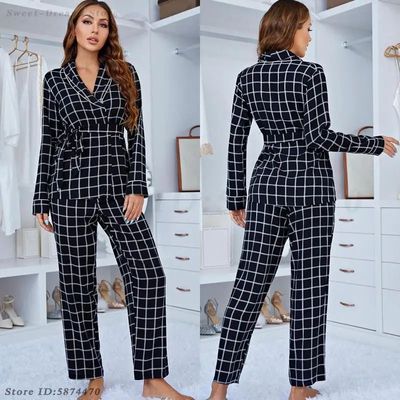 Long Sleeved Pajamas Set Fashion Checkered Homewear Sleepwea