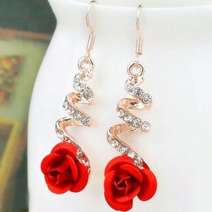 Fashion Jewelry Ethnic Red Rose Drop Earrings Big Rhinestone
