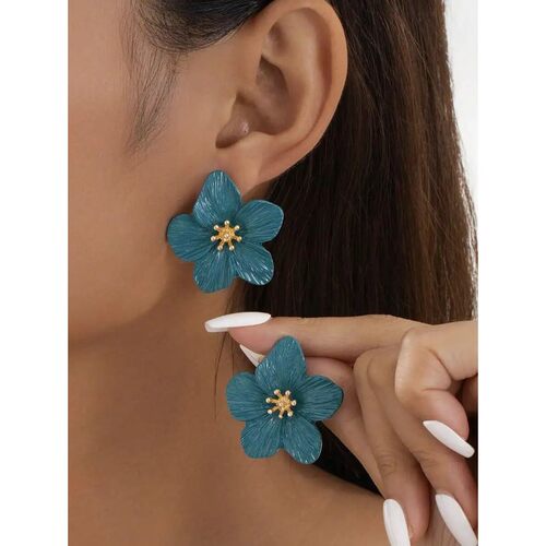Teal Flower Shape 5-Petal Stud Earrings For Women Fashion Je
