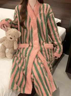 Winter New Stripe Long Robe Pajamas 2Pcs Set Thicken Flannel
