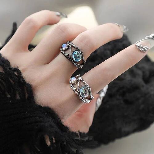 Punk Geometry Moonstone Open Dark Metal Ring For Women Girls