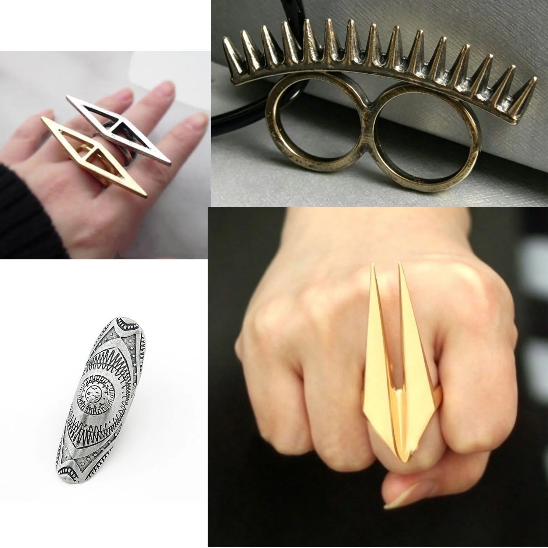 Gold Silver Metal Punk Rivet Sharp Ring Carving Shield Joint - 实物图