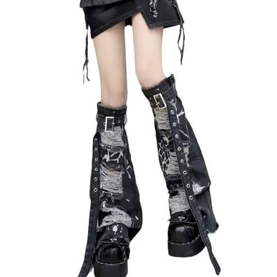 2024 New Vintage Ripped Holes Buckle Belt Denim Leg Warmers