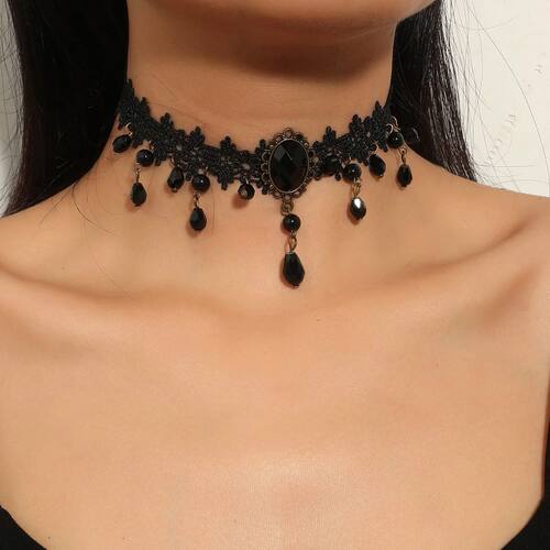 Vintage Gothic Choker Black Lace Imitation Crystal Pendant C