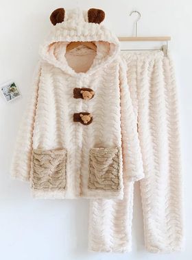 Sweet Hooded Home Clothes Autumn Winter Coral Fleece Pajamas