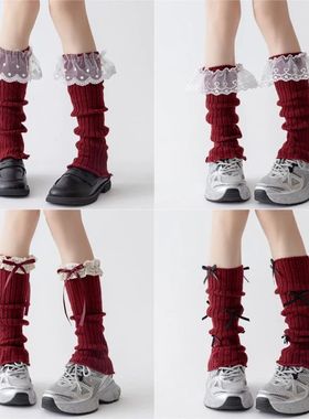 New Angola Red Bowknot Tiered Ruffled Knitted Leg Warmers Wo
