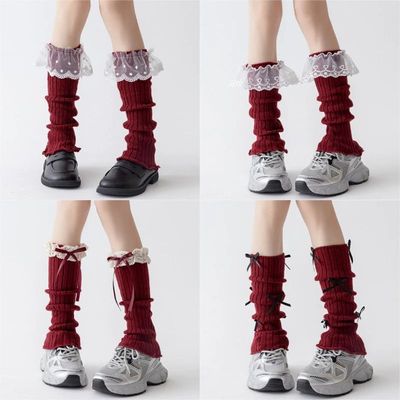 New Angola Red Bowknot Tiered Ruffled Knitted Leg Warmers Wo