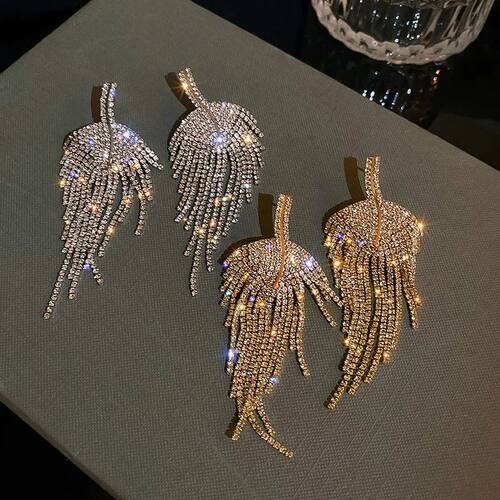 Long Tassel Rhinestone Drop Earrings Golden Leaf Dangle Earr