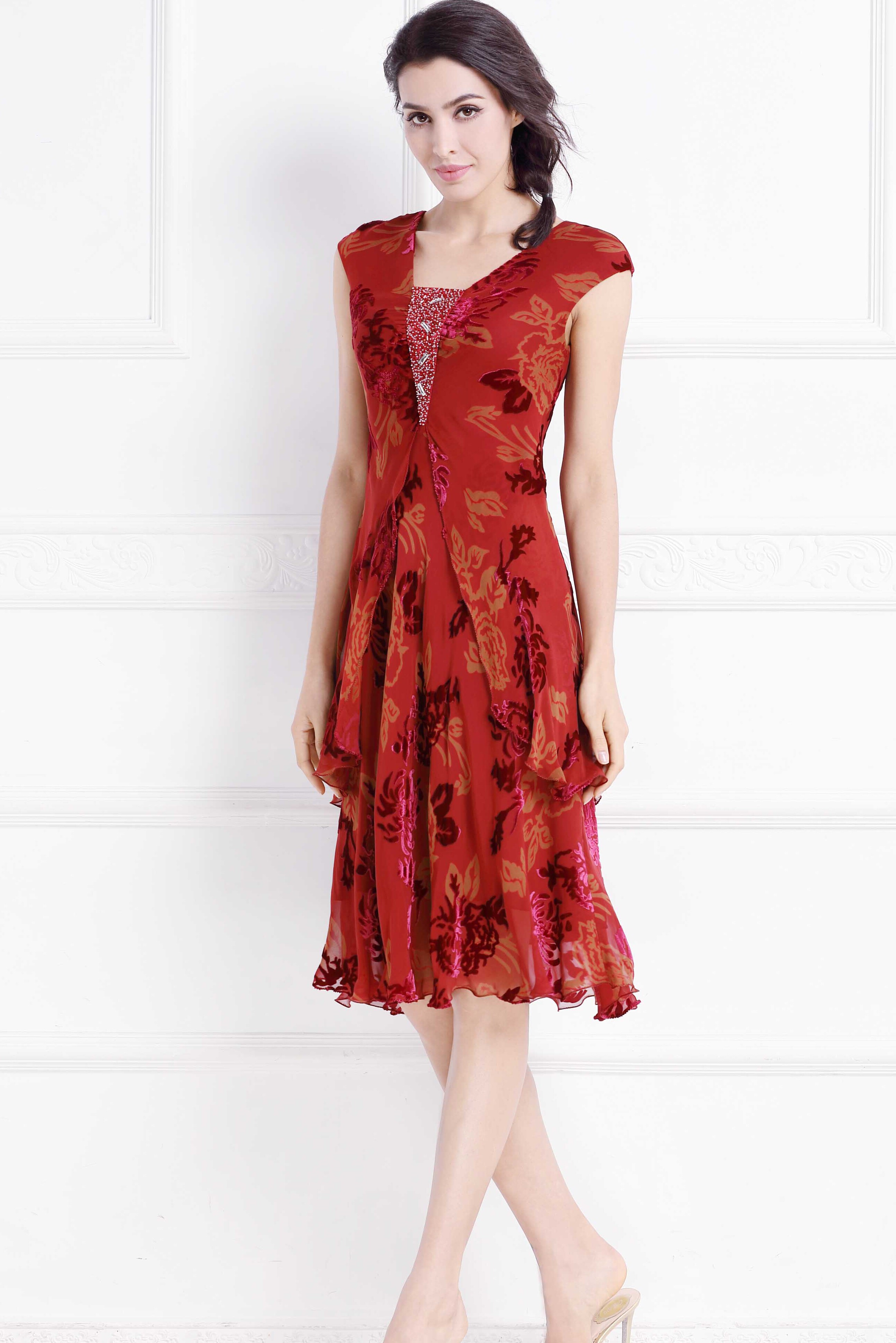 春夏女装新款桑蚕丝绑带收腰复古欧版印花真丝连衣裙