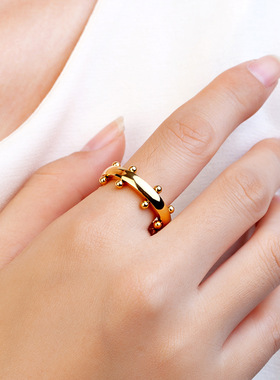 欧美时尚个性指环 电镀18K金光面极简风小众设计感钢珠不锈钢戒指