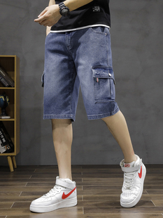 牛仔短裤 工装 男七分裤 弹力宽松多口袋五分裤 夏季 潮流拼接马裤 薄款