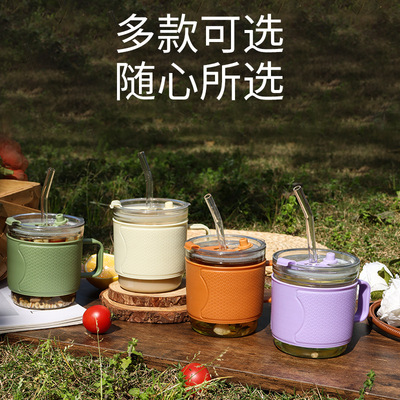 迷你把手玻璃杯隔热防烫便携吸管杯家用350ml水杯新款ins风双