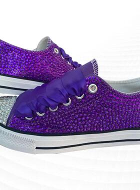 大码紫色满钻低帮帆布鞋重工定制系带女士休闲运动鞋35-44