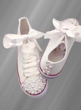 重工白色珍珠水钻低帮帆布鞋手工大码系带休闲运动女鞋婚鞋35-44