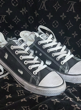 黑色44码低帮做旧破洞帆布鞋大码男女潮流脏脏鞋断码处理现货秒发