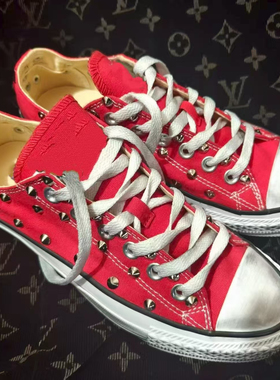 红色做旧铆钉帆布鞋大码男女情侣低帮系带潮流休闲鞋铉铉同款潮流