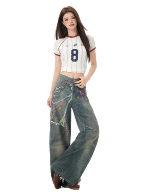 【春春Spring】第九町艺术感牛仔裤彩色链条涂鸦水洗HH3007
