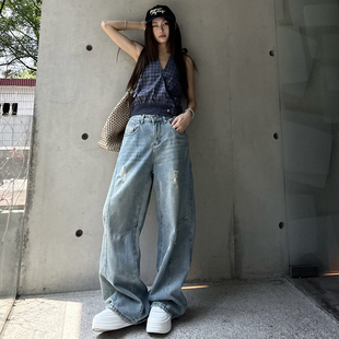 美式复古弯刀牛仔裤女宽松破洞显瘦休闲牛仔阔腿裤拖地裤WM9307