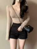 Черный сексуальный дизайнерский костюм, демисезонные шорты, леггинсы, штаны, высокая талия, тренд сезона, в корейском стиле, подходит для подростков, по фигуре, изысканный стиль